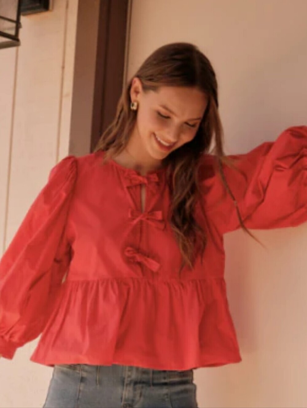 Jodifl Red Cotton Babydoll Top Medium Puff Sleeve Bow Front Peplum Blouse